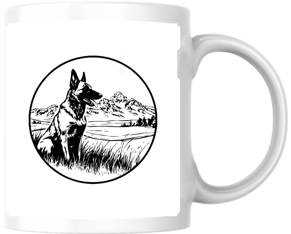 German Shepherd Mountain Mug | Black & White Sketch Dog Coffee Mug | Dog Lover Gift