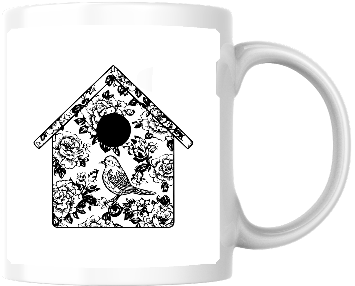 Floral Birdhouse Mug | Vintage Line Art Bird Coffee Mug | Garden Lover Gift
