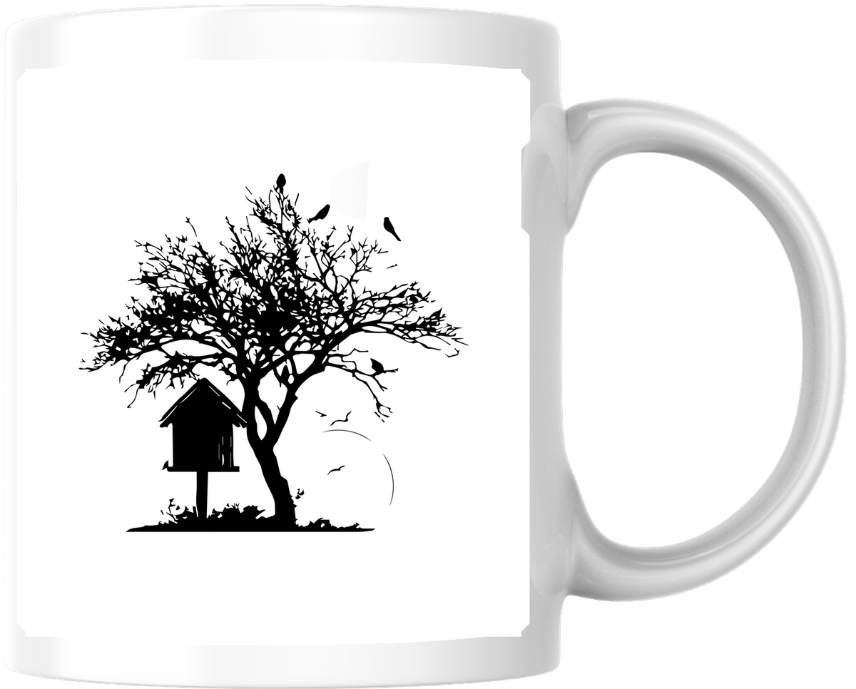 Birdhouse Tree Mug | Black Silhouette Nature Coffee Mug | Bird Lover Gift