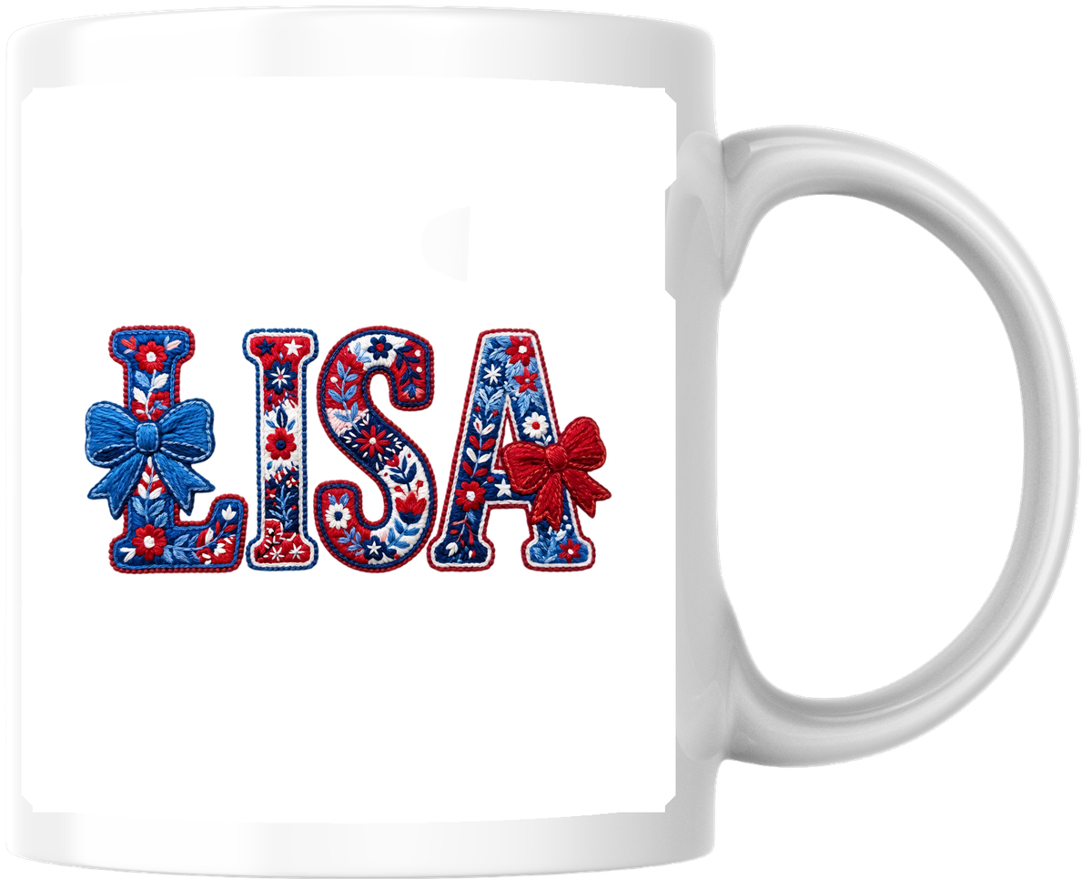 Lisa Patriotic Name Mug | Red White & Blue Floral Coffee Mug | Personalized USA Gift